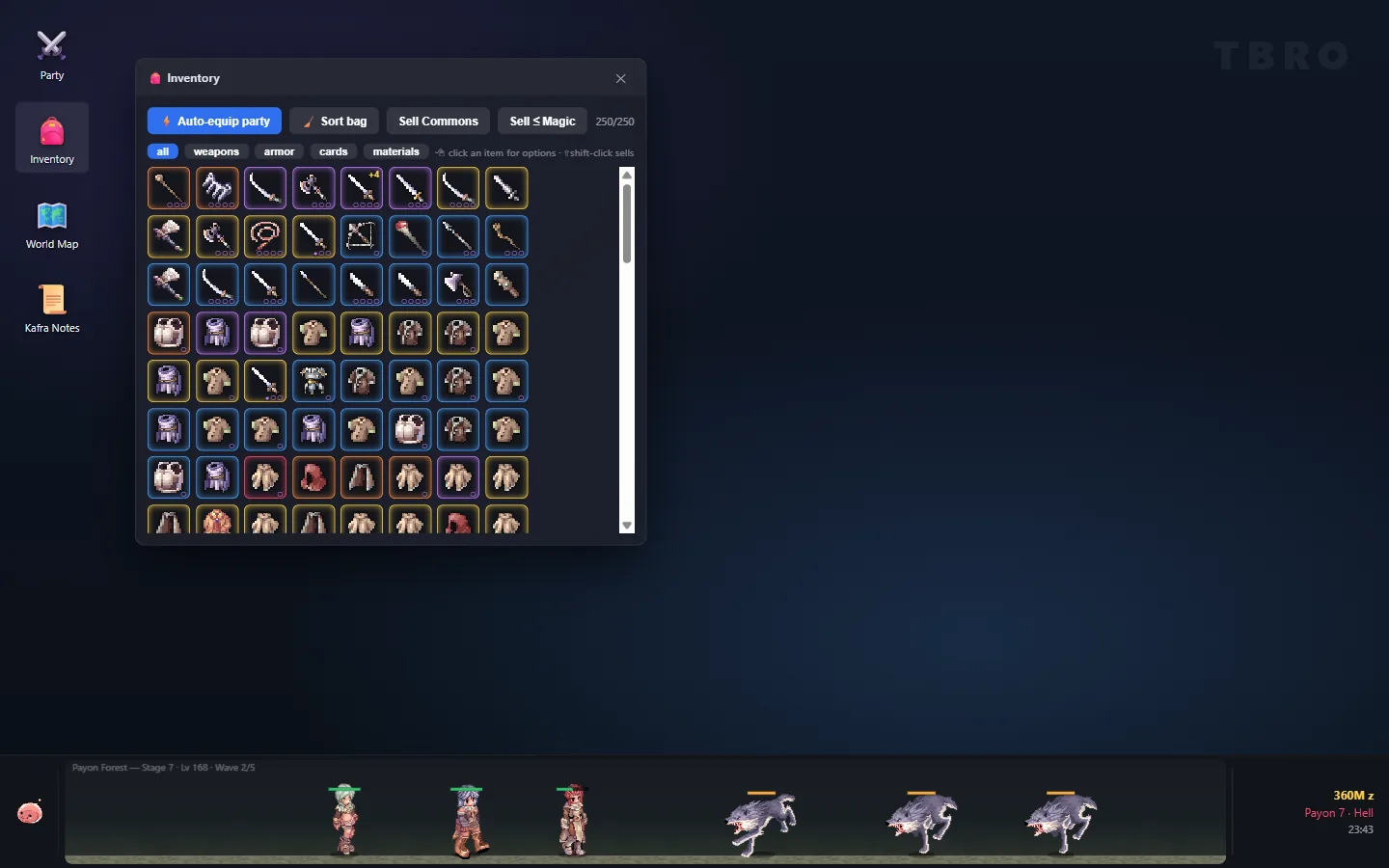 The Inventory window, a grid of hundreds of Ragnarok Online item icons with rarity borders